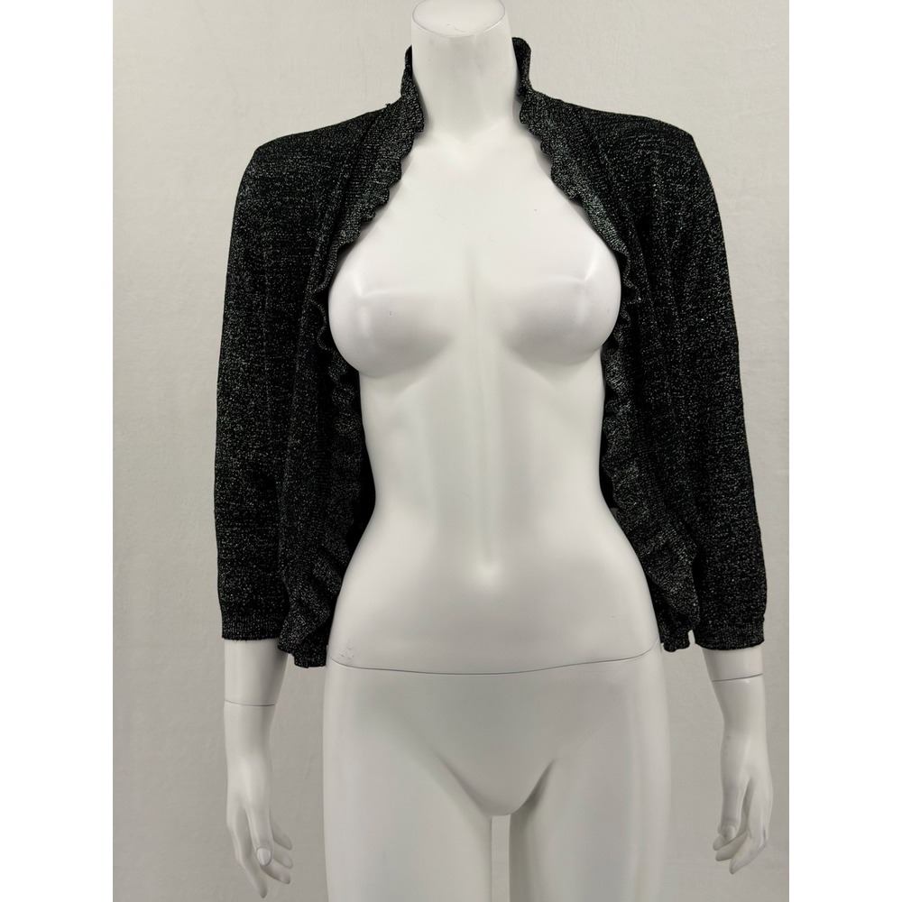 Roz & Ali Sweater Womens 2X Black Metallic Cardigan Ruffle Shimmer Party Holiday